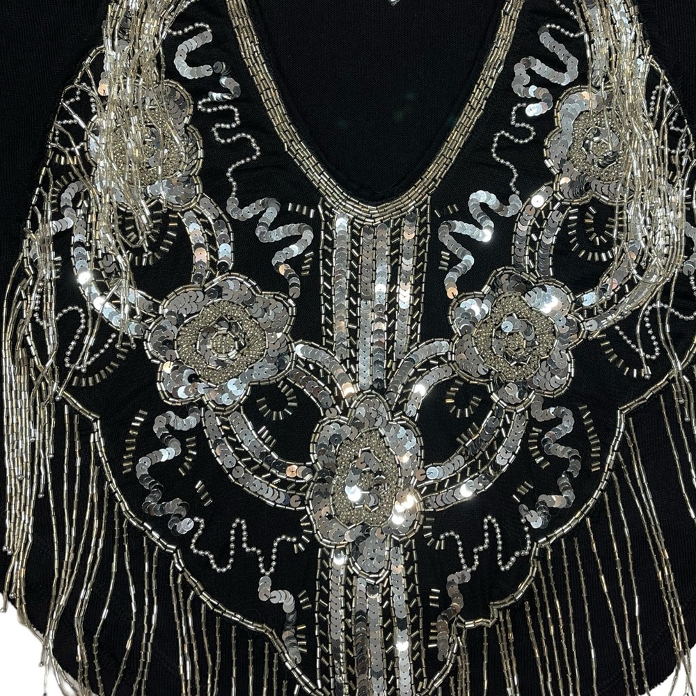 ⚡️SOLD⚡️Free People Mesh Sequin Beaded Fringe Black Long Sleeve Top - Picture 8 of 15